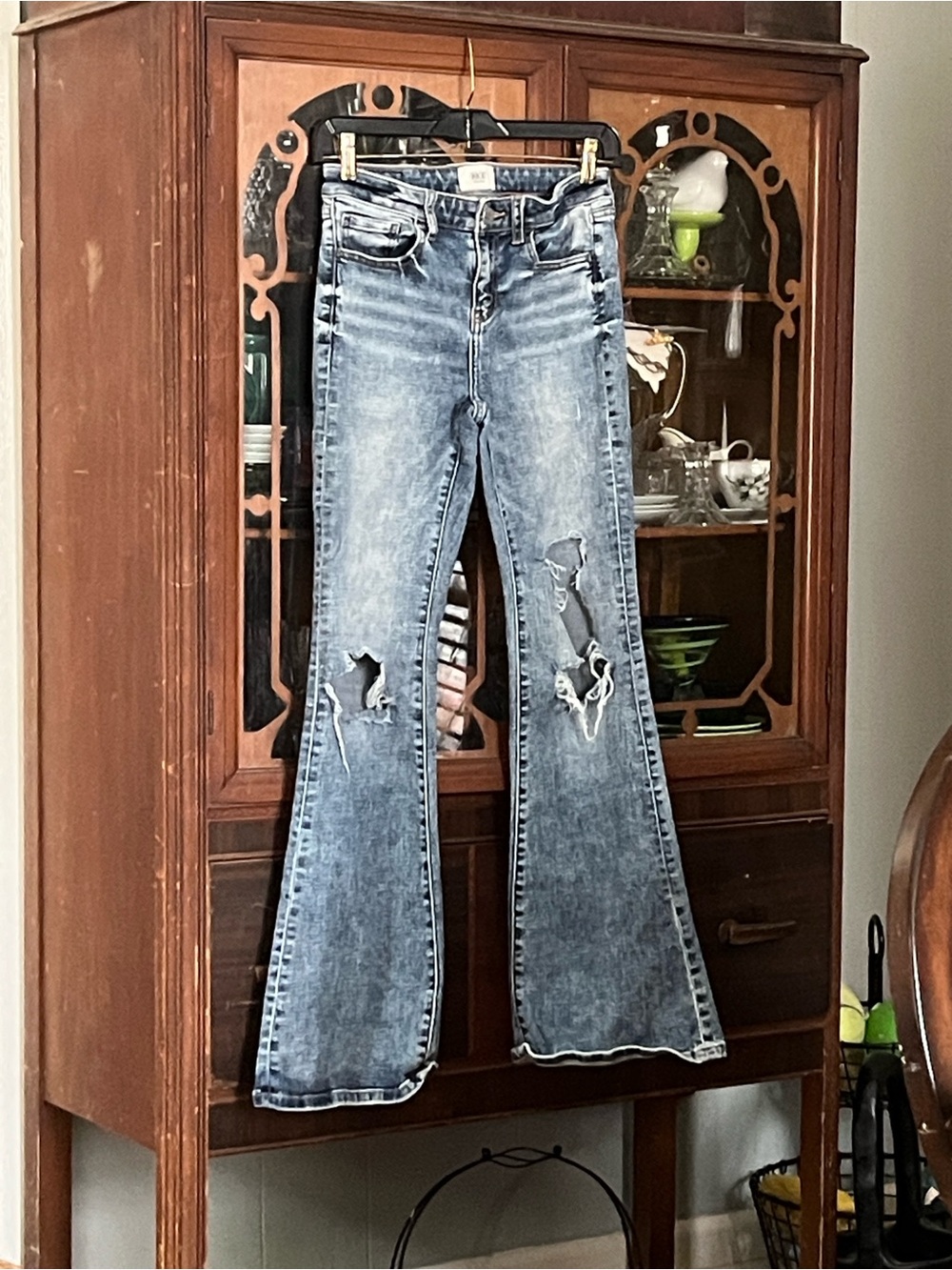 High-Rise Distressed Blue Flare Jeans